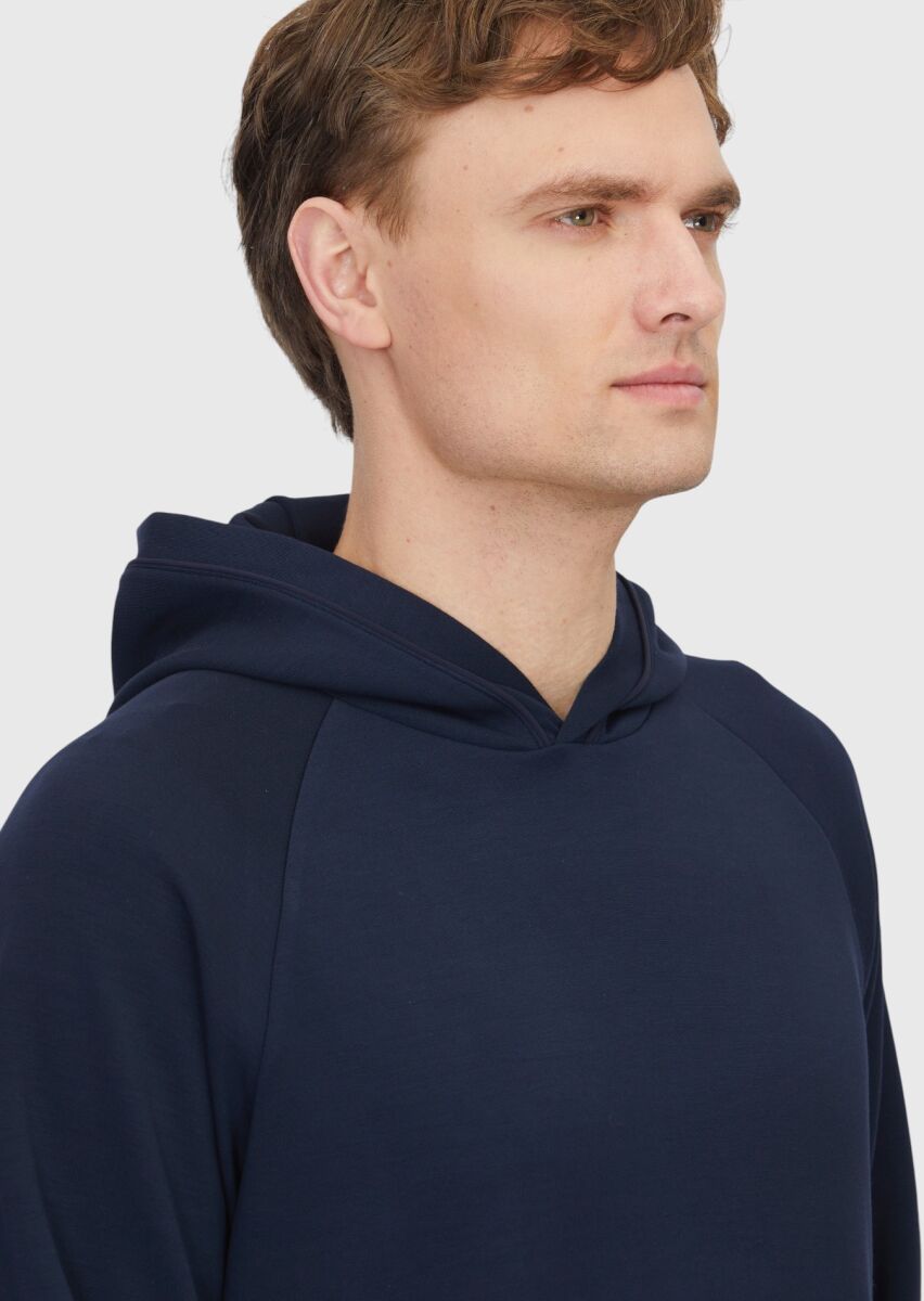 Navy Blue Hooded Plain Sweatshirt - 4