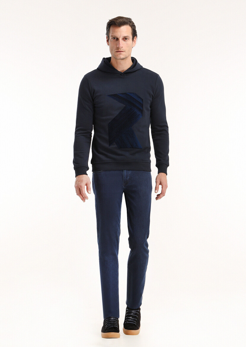 Navy Blue Hooded Printed Sweatshirt - 1