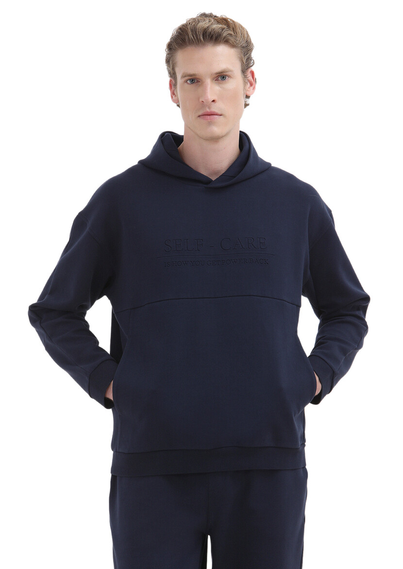 Navy Blue Hooded Printed Sweatshirt - 1