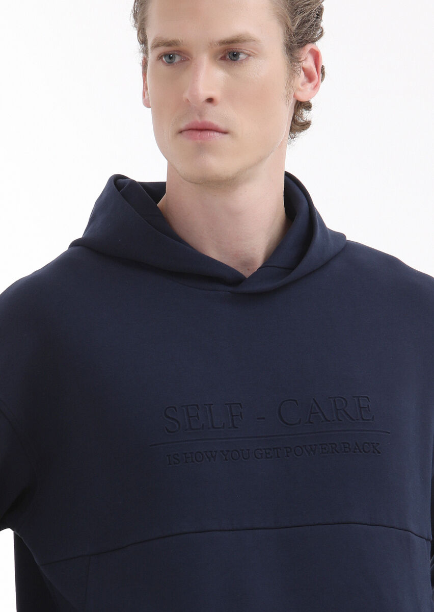 Navy Blue Hooded Printed Sweatshirt - 4