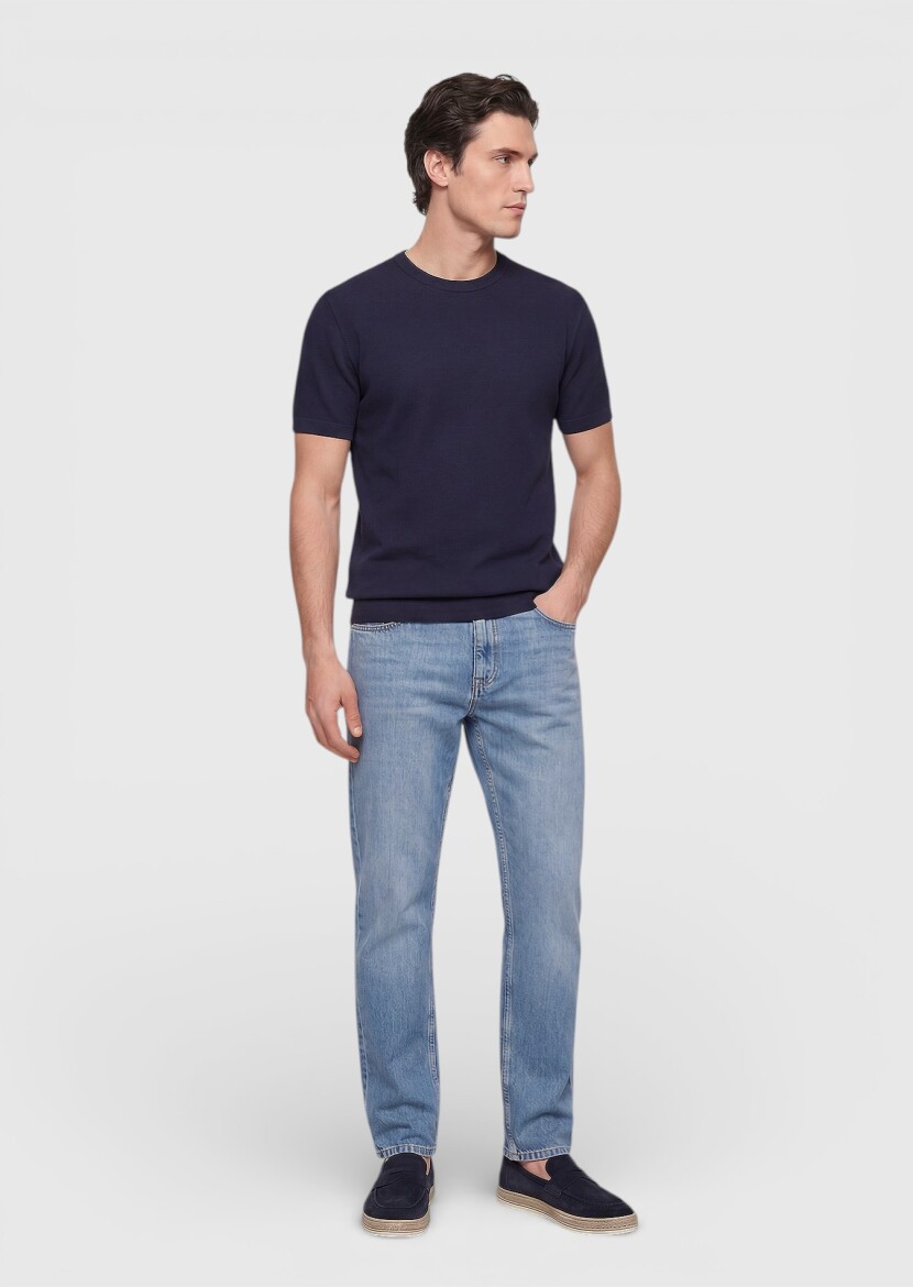 Navy Blue Jacquard 100% Cotton T-Shirt - RAMSEY
