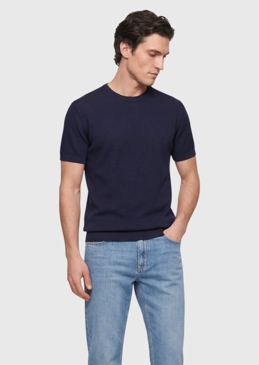 Navy Blue Jacquard 100% Cotton T-Shirt - 3