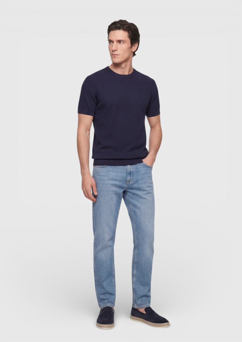 Navy Blue Jacquard 100% Cotton T-Shirt - 4