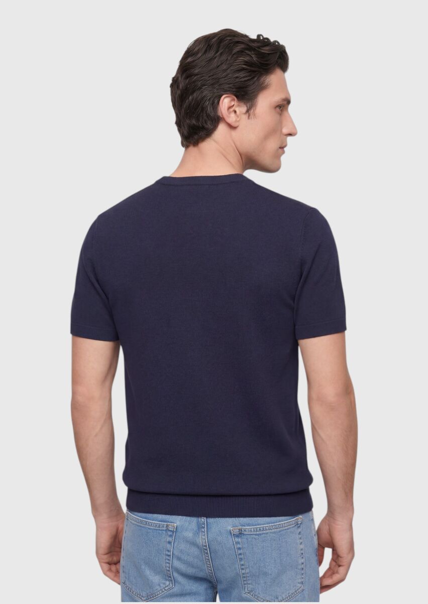 Navy Blue Jacquard 100% Cotton T-Shirt - 5