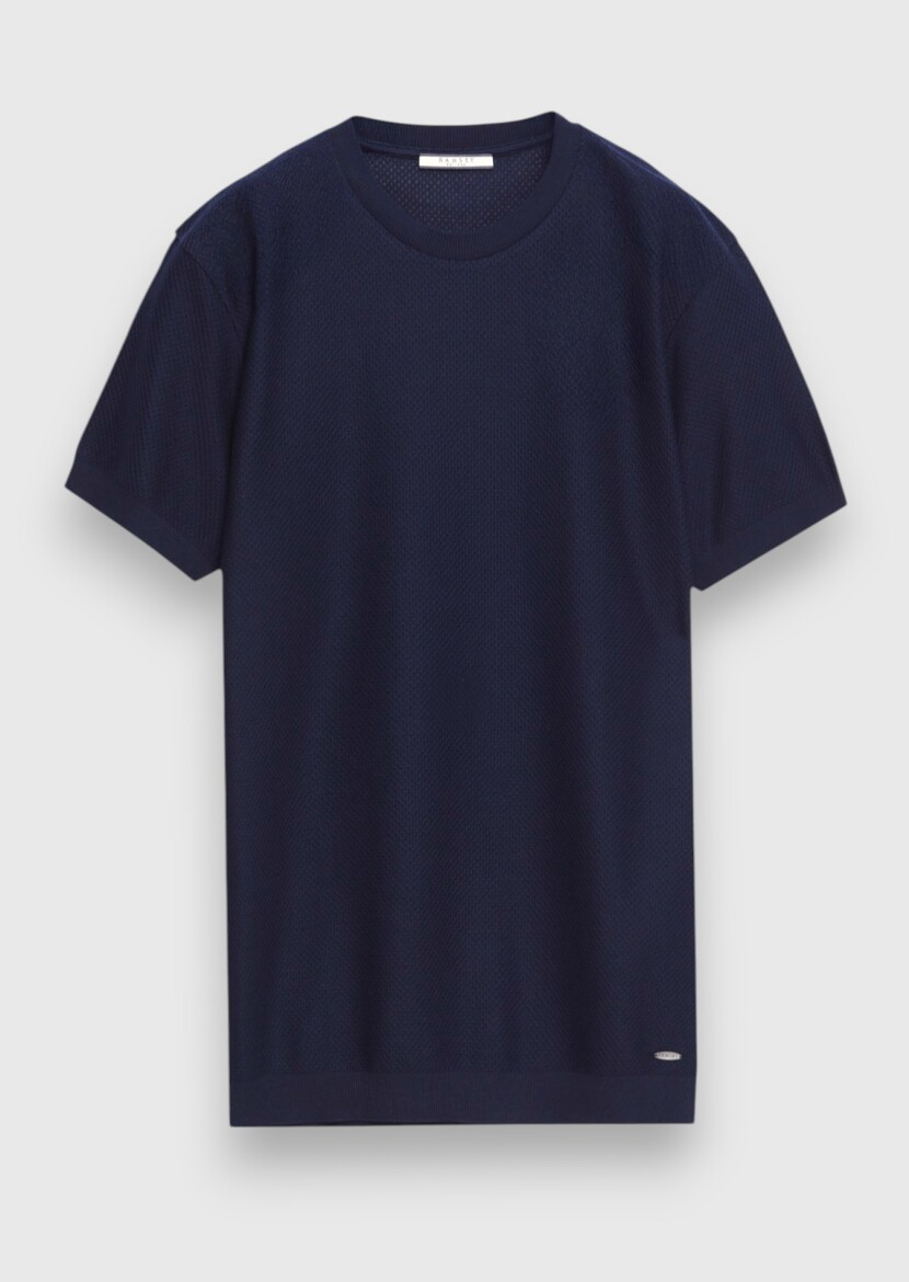 Navy Blue Jacquard 100% Cotton T-Shirt - 6