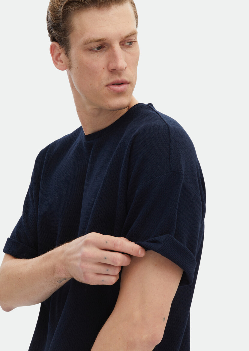 Navy Blue Jacquard Crew Neck 100% Cotton T-Shirt - 4