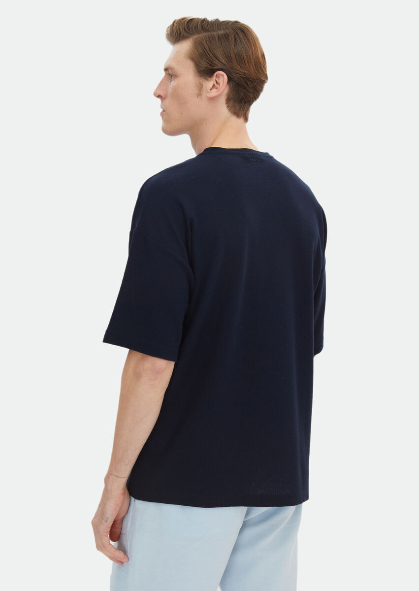 Navy Blue Jacquard Crew Neck 100% Cotton T-Shirt - 5