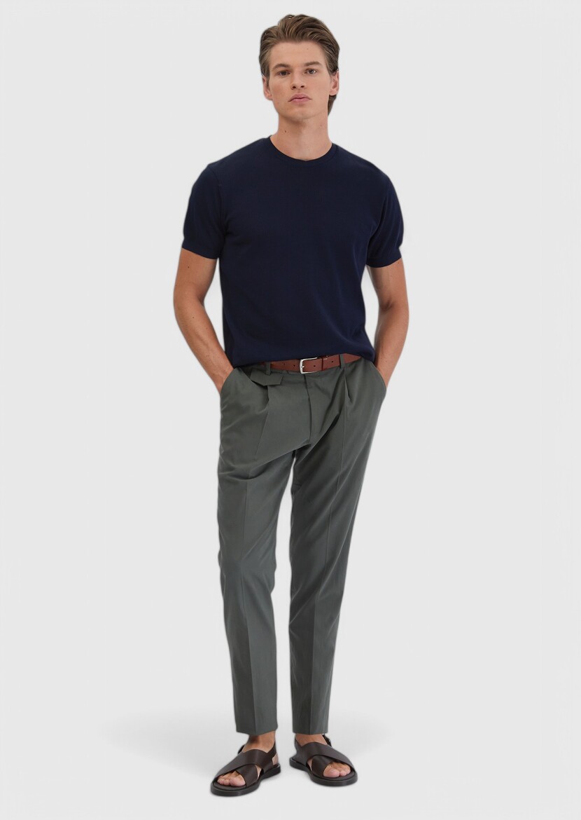 Navy Blue Jacquard Crew Neck 100% Cotton T-Shirt - RAMSEY