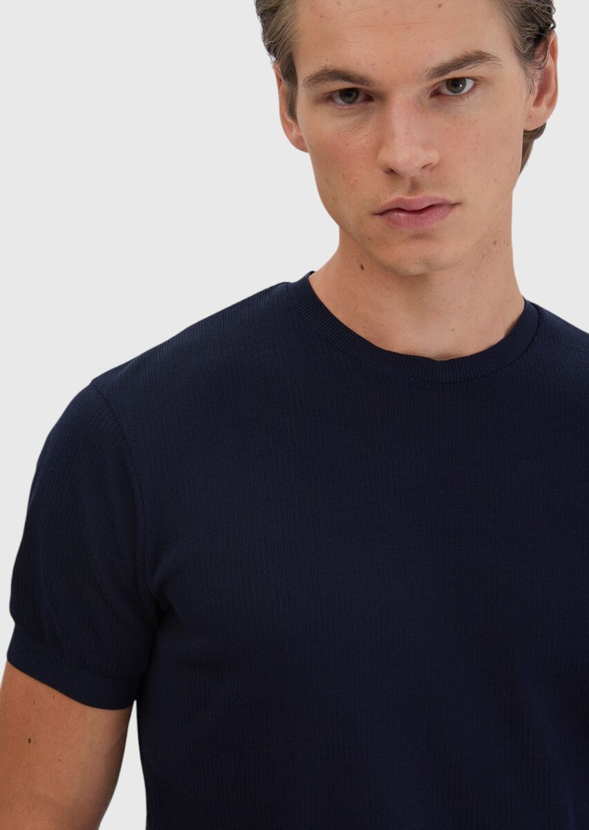 Navy Blue Jacquard Crew Neck 100% Cotton T-Shirt - 5