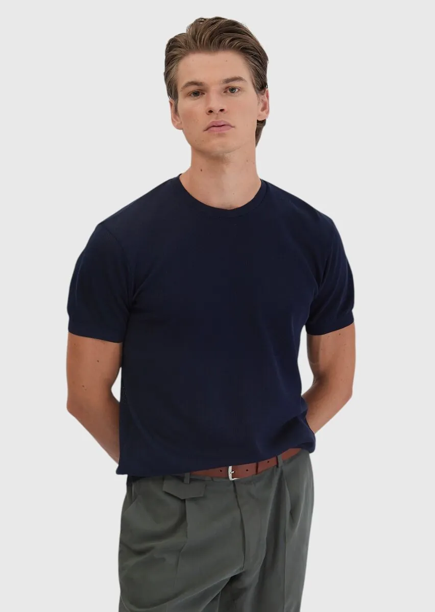 Navy Blue Jacquard Crew Neck 100% Cotton T-Shirt - 1