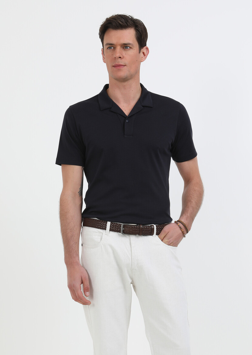 Navy Blue Jacquard Cuban Collar 100% Cotton T-Shirt 