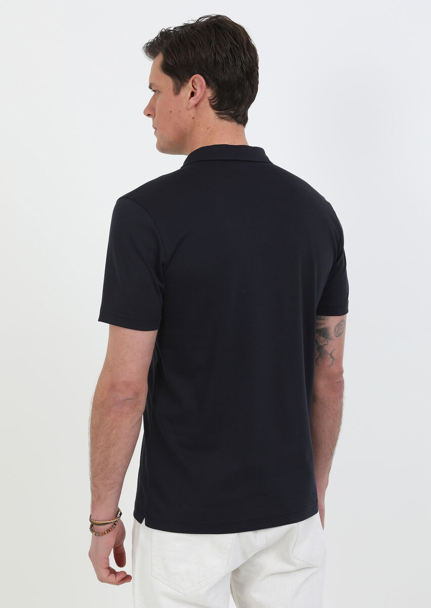 Navy Blue Jacquard Cuban Collar 100% Cotton T-Shirt - 5
