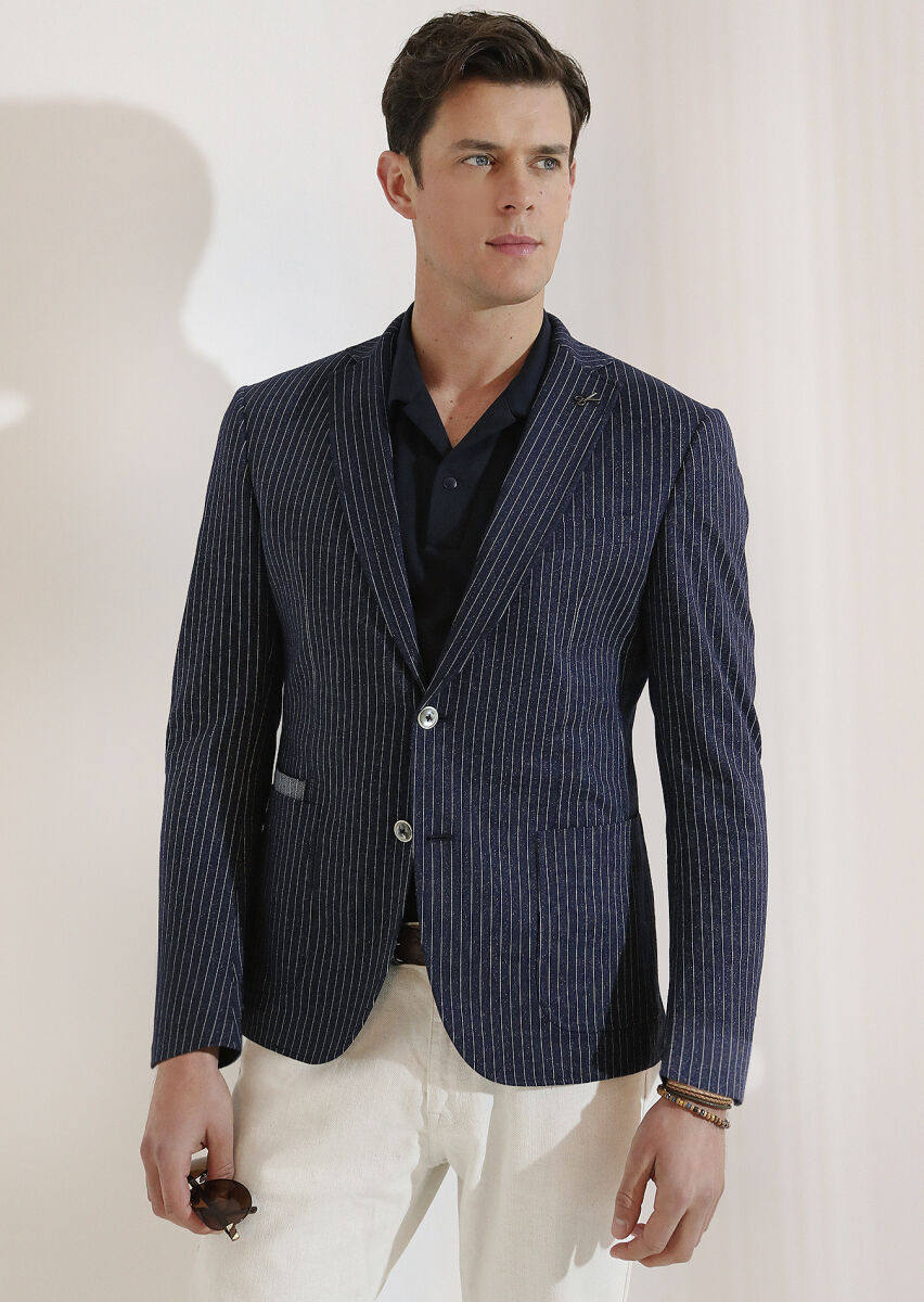 Navy Blue Jacquard Cuban Collar 100% Cotton T-Shirt - 6