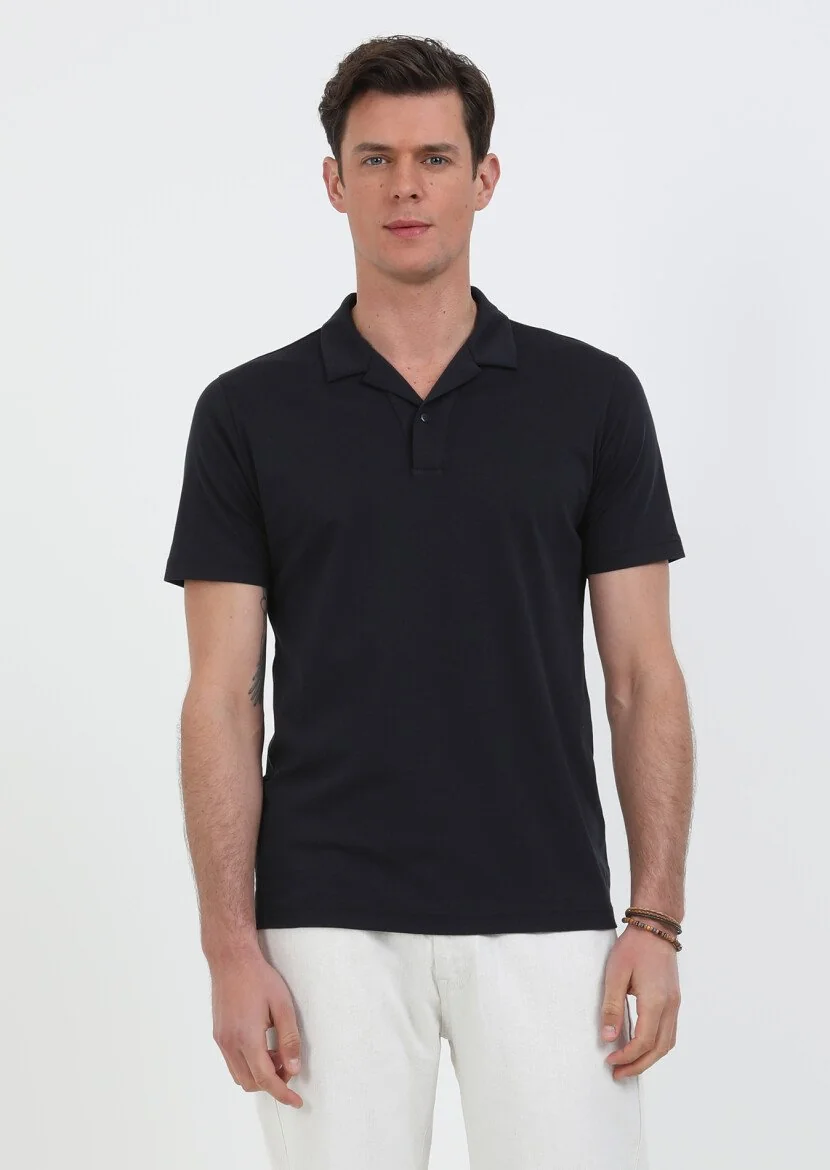 Navy Blue Jacquard Cuban Collar 100% Cotton T-Shirt - 4