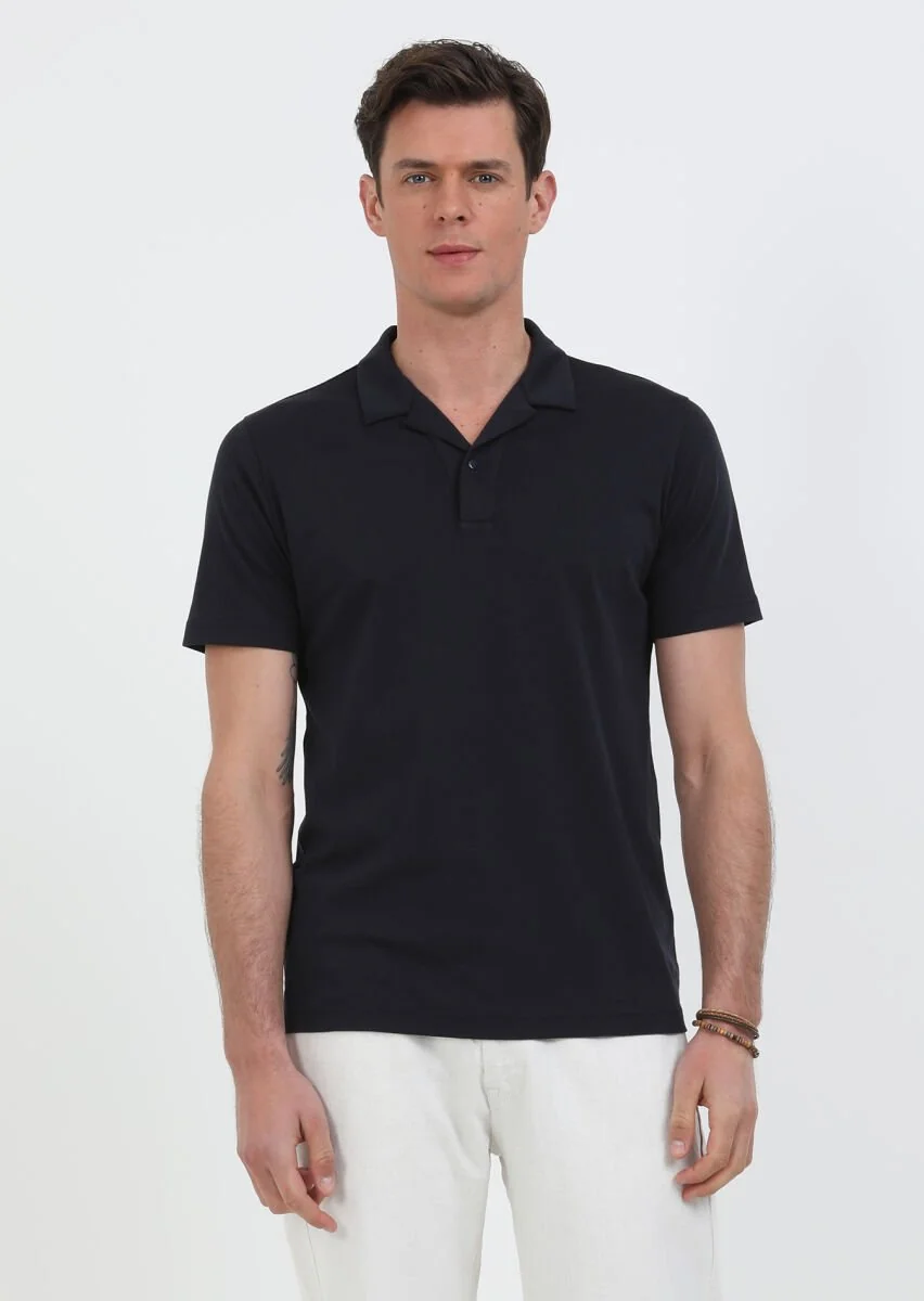Navy Blue Jacquard Cuban Collar 100% Cotton T-Shirt - 4
