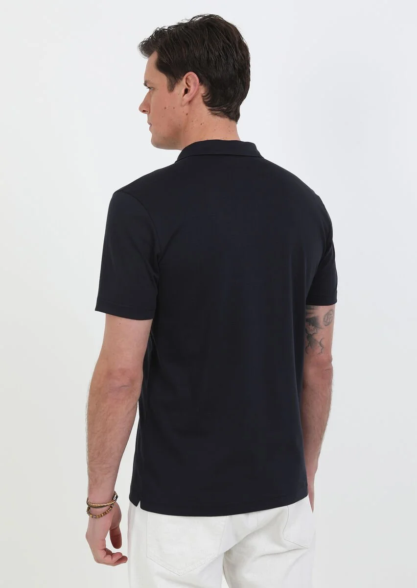Navy Blue Jacquard Cuban Collar 100% Cotton T-Shirt - 5
