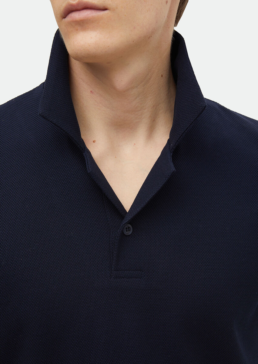 Navy Blue Jacquard Cuban Collar 100% Cotton T-Shirt - 3