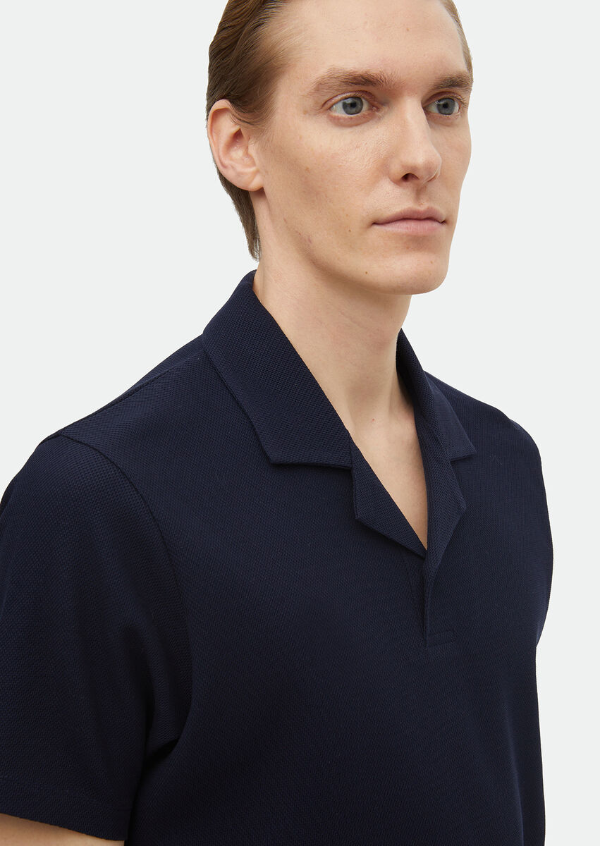 Navy Blue Jacquard Cuban Collar 100% Cotton T-Shirt - 4