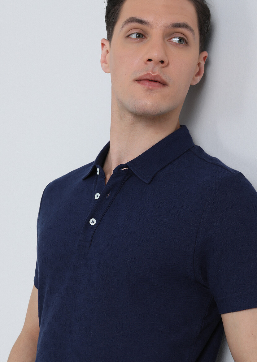 Navy Blue Jacquard Polo Neck 100% Cotton T-Shirt - 1