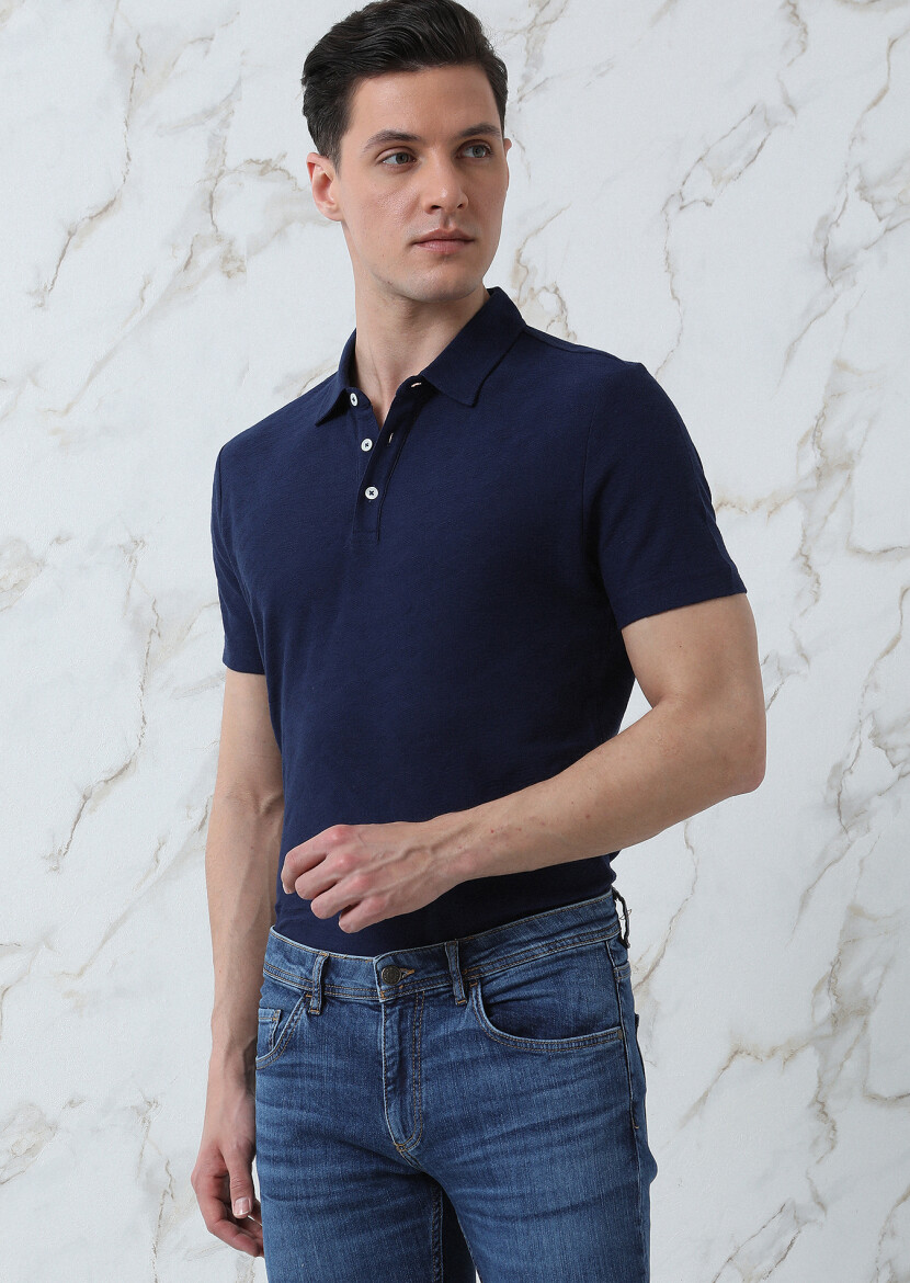 Navy Blue Jacquard Polo Neck 100% Cotton T-Shirt 