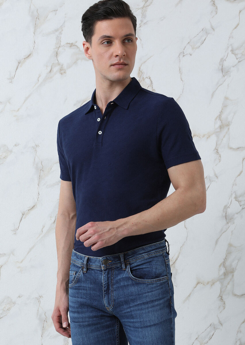 Navy Blue Jacquard Polo Neck 100% Cotton T-Shirt - 2