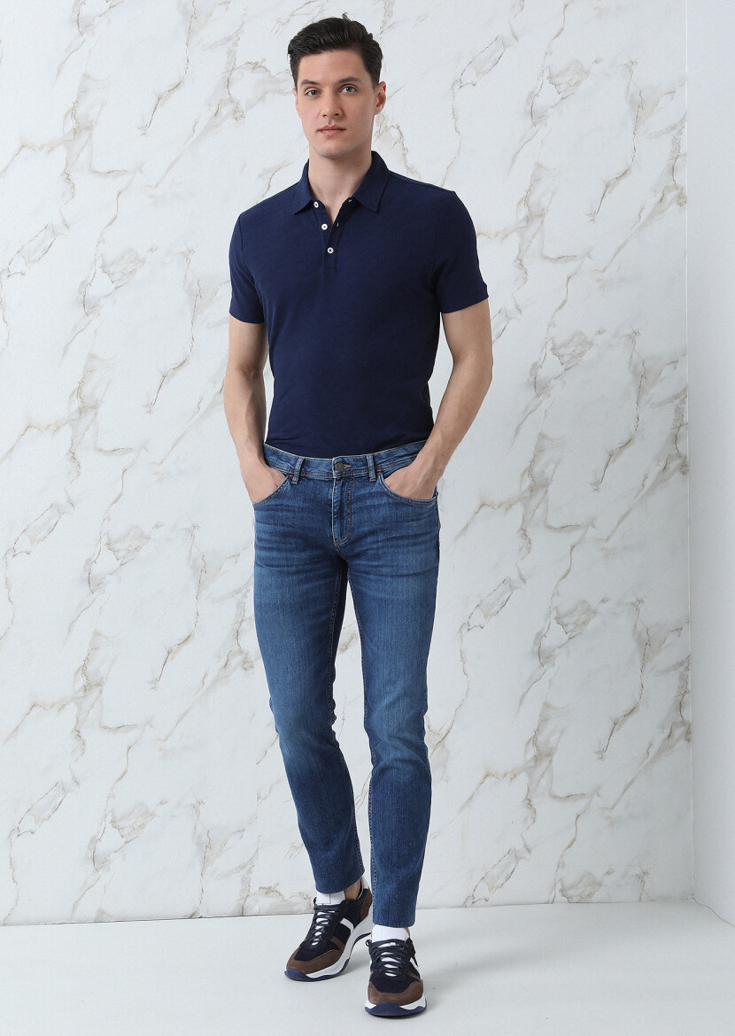 Navy Blue Jacquard Polo Neck 100% Cotton T-Shirt - 3
