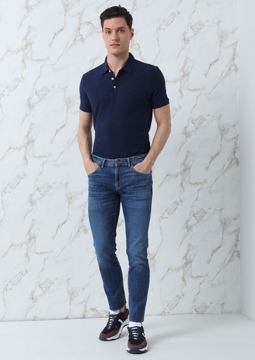 Navy Blue Jacquard Polo Neck 100% Cotton T-Shirt - 3