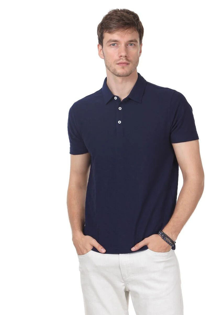 Navy Blue Jacquard Polo Neck 100% Cotton T-Shirt - 1