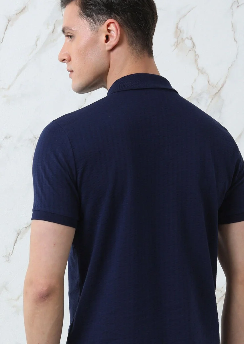 Navy Blue Jacquard Polo Neck 100% Cotton T-Shirt - 5