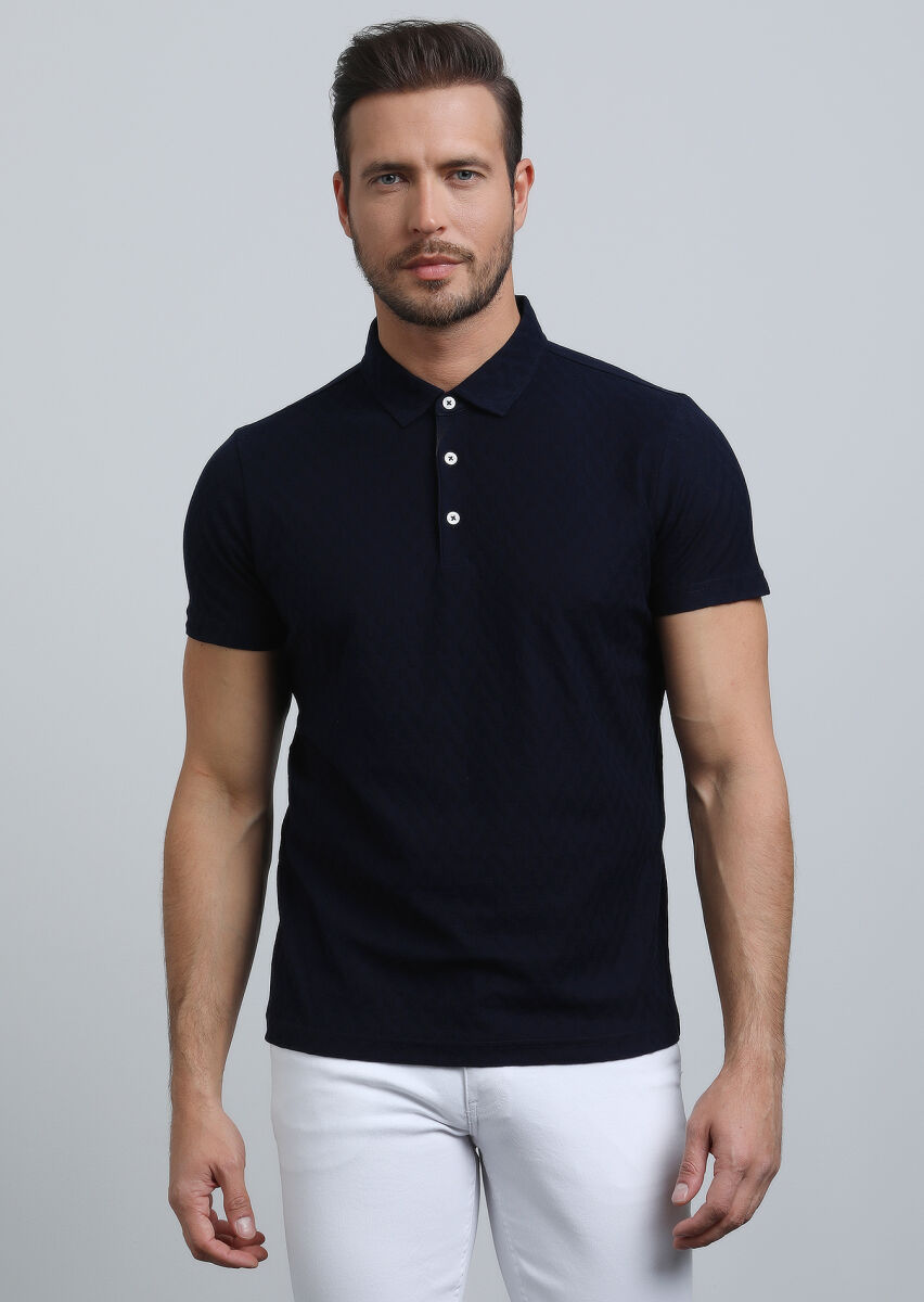 Navy Blue Jacquard Polo Neck 100% Cotton T-Shirt - 2