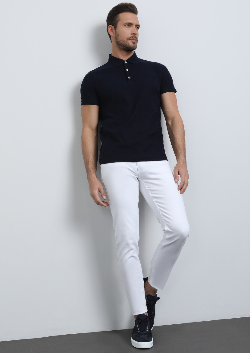 Navy Blue Jacquard Polo Neck 100% Cotton T-Shirt - 3