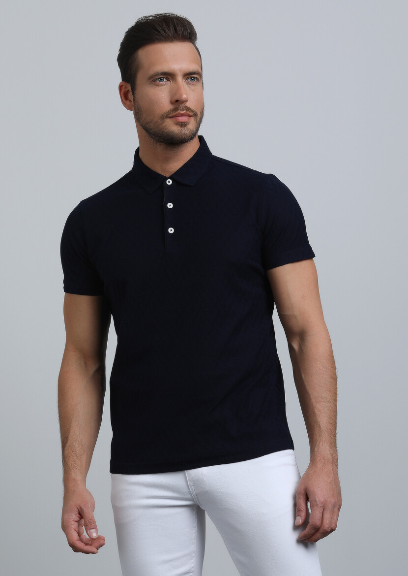 Navy Blue Jacquard Polo Neck 100% Cotton T-Shirt - 4