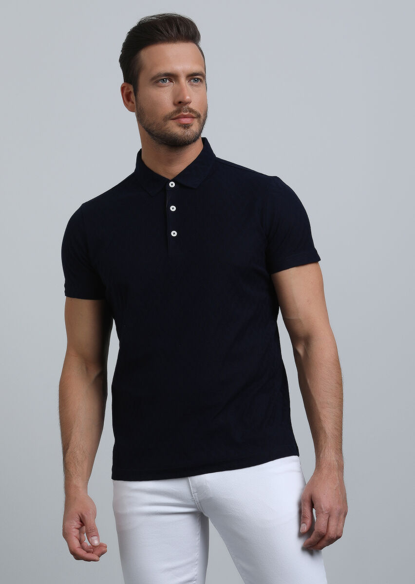 Navy Blue Jacquard Polo Neck 100% Cotton T-Shirt - 4