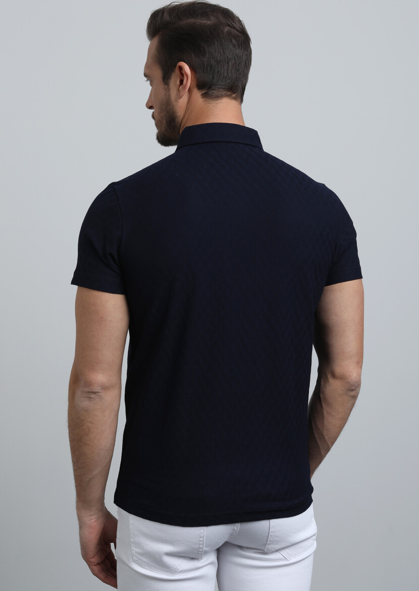 Navy Blue Jacquard Polo Neck 100% Cotton T-Shirt - 5