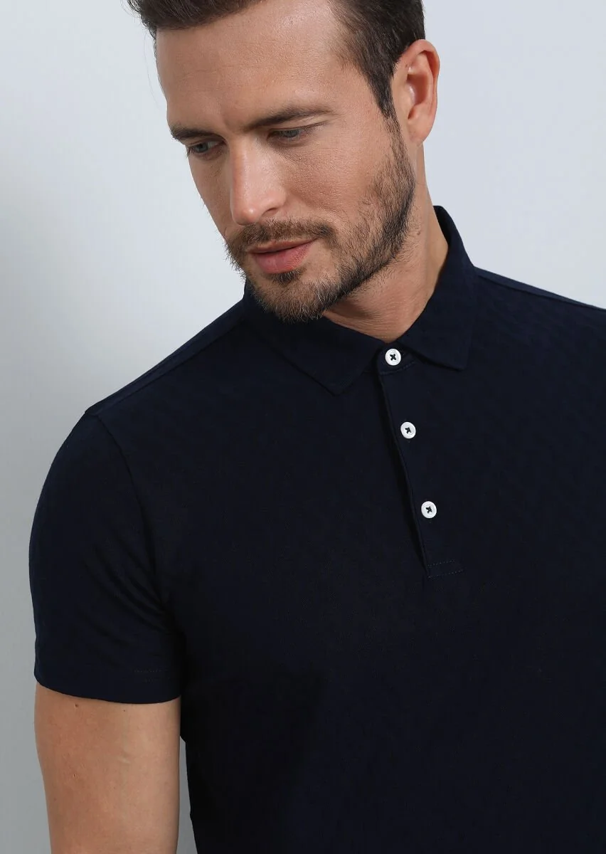 Navy Blue Jacquard Polo Neck 100% Cotton T-Shirt - 1