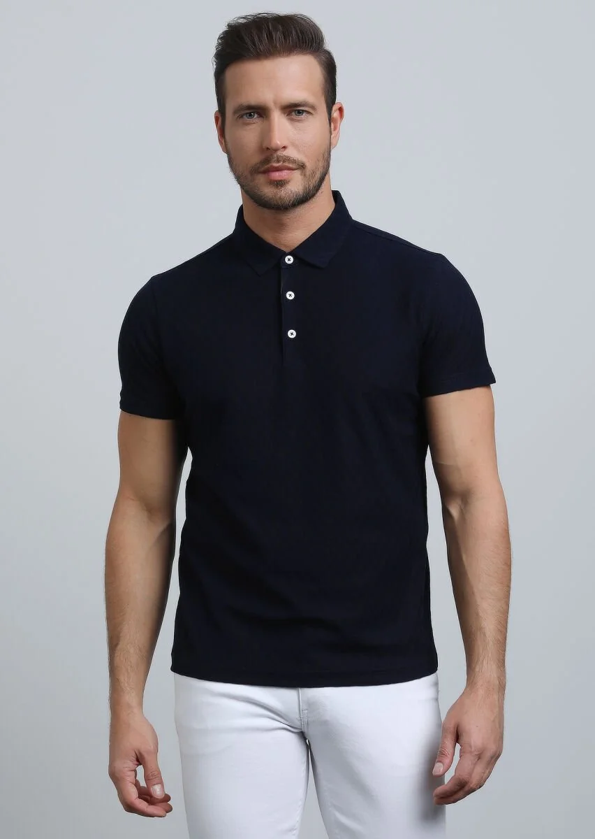 Navy Blue Jacquard Polo Neck 100% Cotton T-Shirt - 2