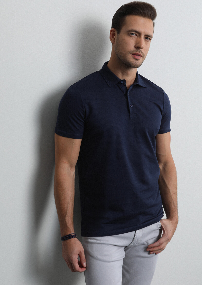 Navy Blue Jacquard Polo Neck 100% Cotton T-Shirt - 2