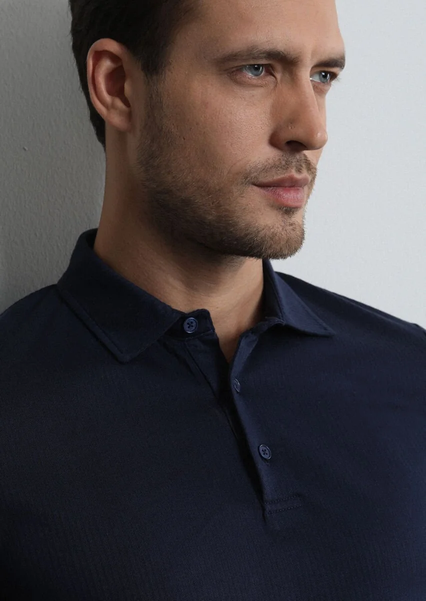 Navy Blue Jacquard Polo Neck 100% Cotton T-Shirt - 1