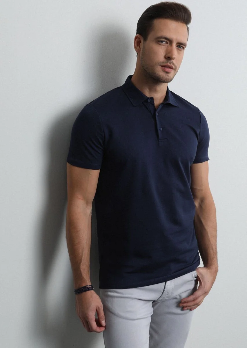 Navy Blue Jacquard Polo Neck 100% Cotton T-Shirt - 2