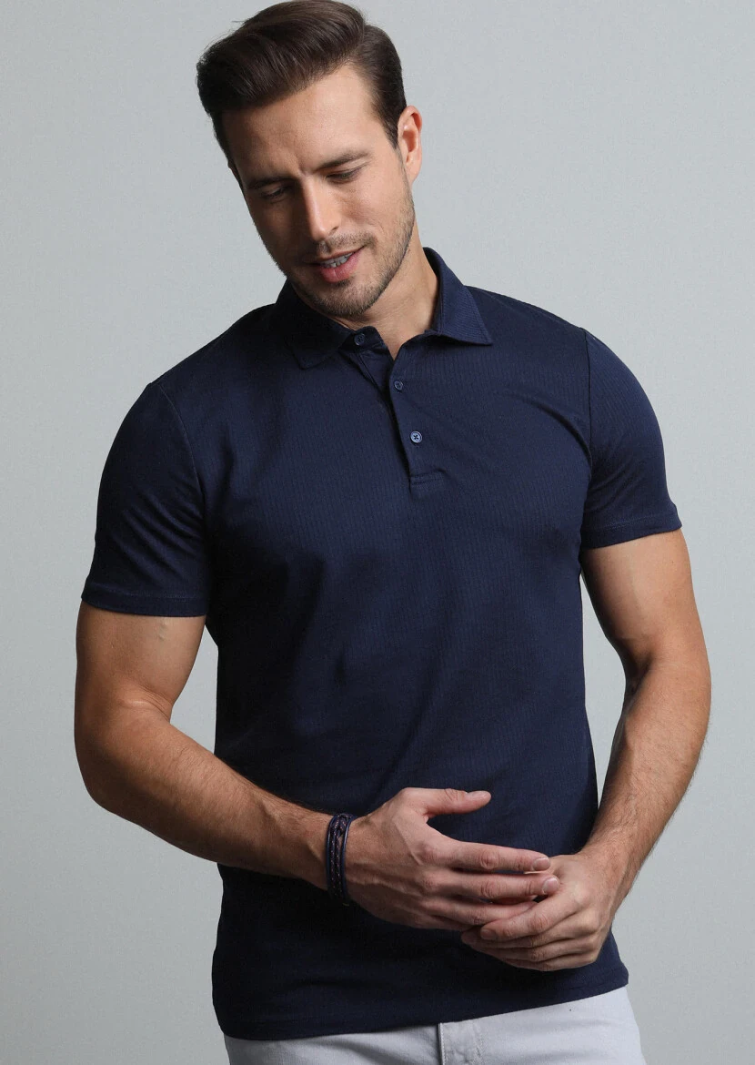 Navy Blue Jacquard Polo Neck 100% Cotton T-Shirt - 3