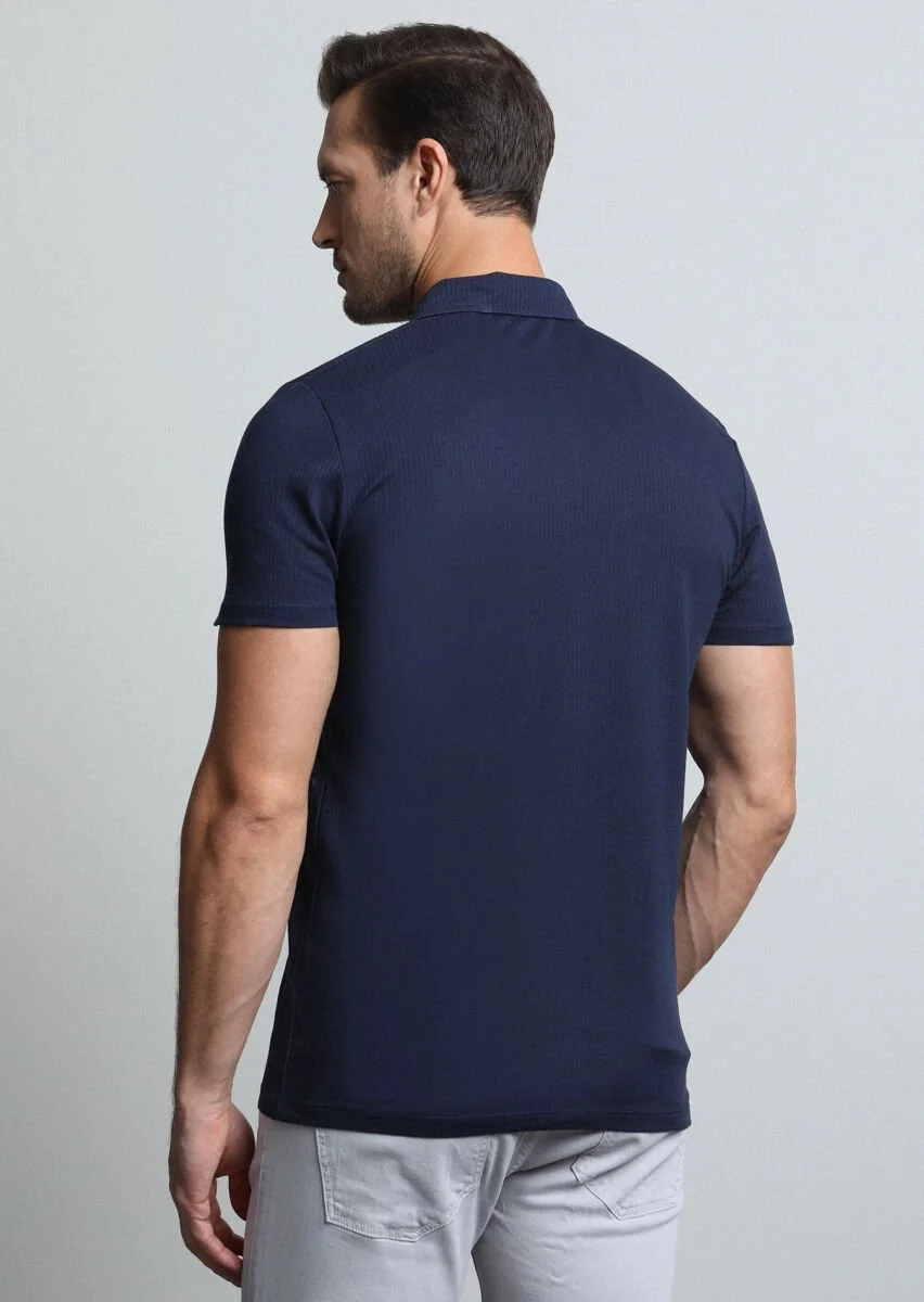 Navy Blue Jacquard Polo Neck 100% Cotton T-Shirt - 5