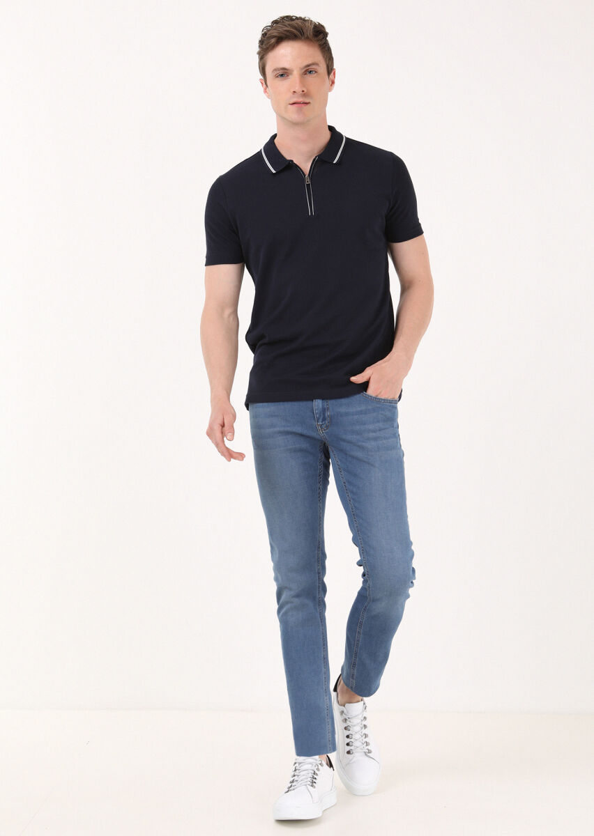 Navy Blue Jacquard Polo Neck 100% Cotton T-Shirt - 1