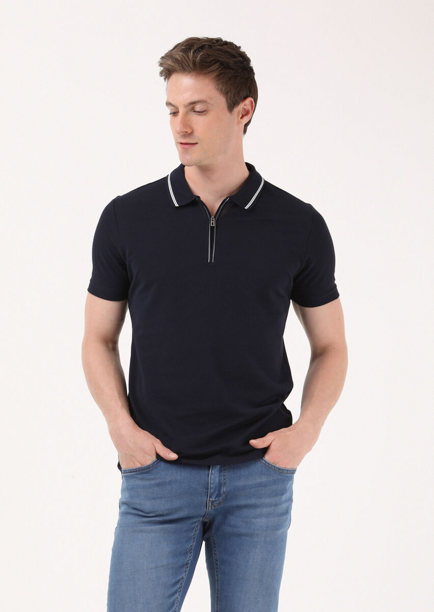 Navy Blue Jacquard Polo Neck 100% Cotton T-Shirt - 2