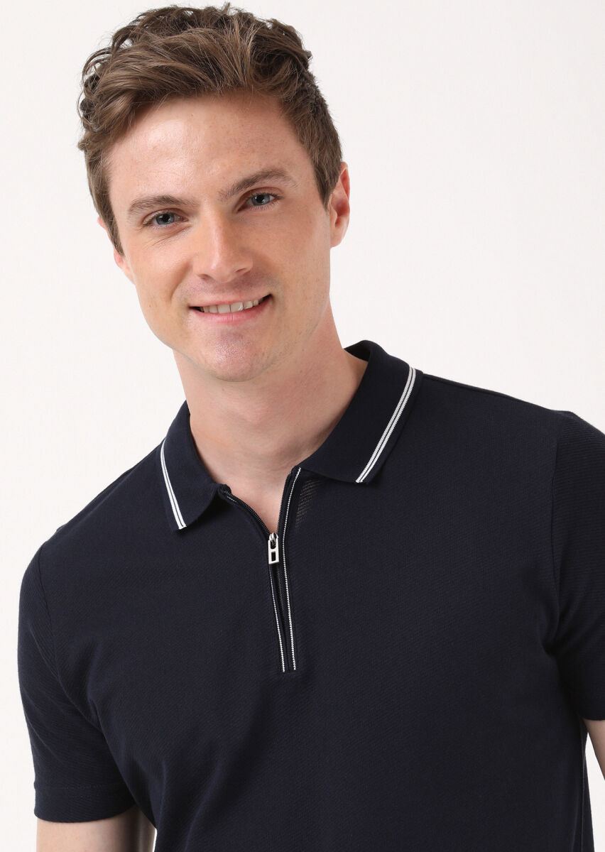 Navy Blue Jacquard Polo Neck 100% Cotton T-Shirt - 3
