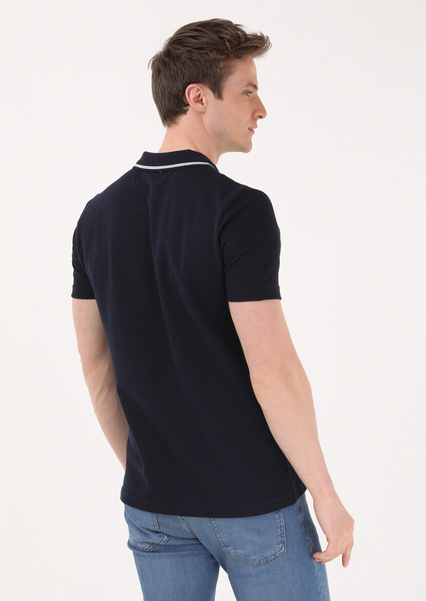Navy Blue Jacquard Polo Neck 100% Cotton T-Shirt - 4