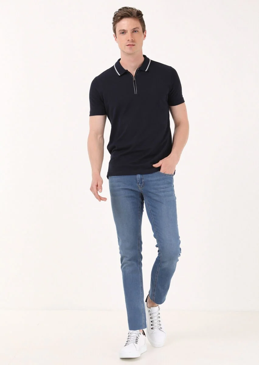 Navy Blue Jacquard Polo Neck 100% Cotton T-Shirt - 1