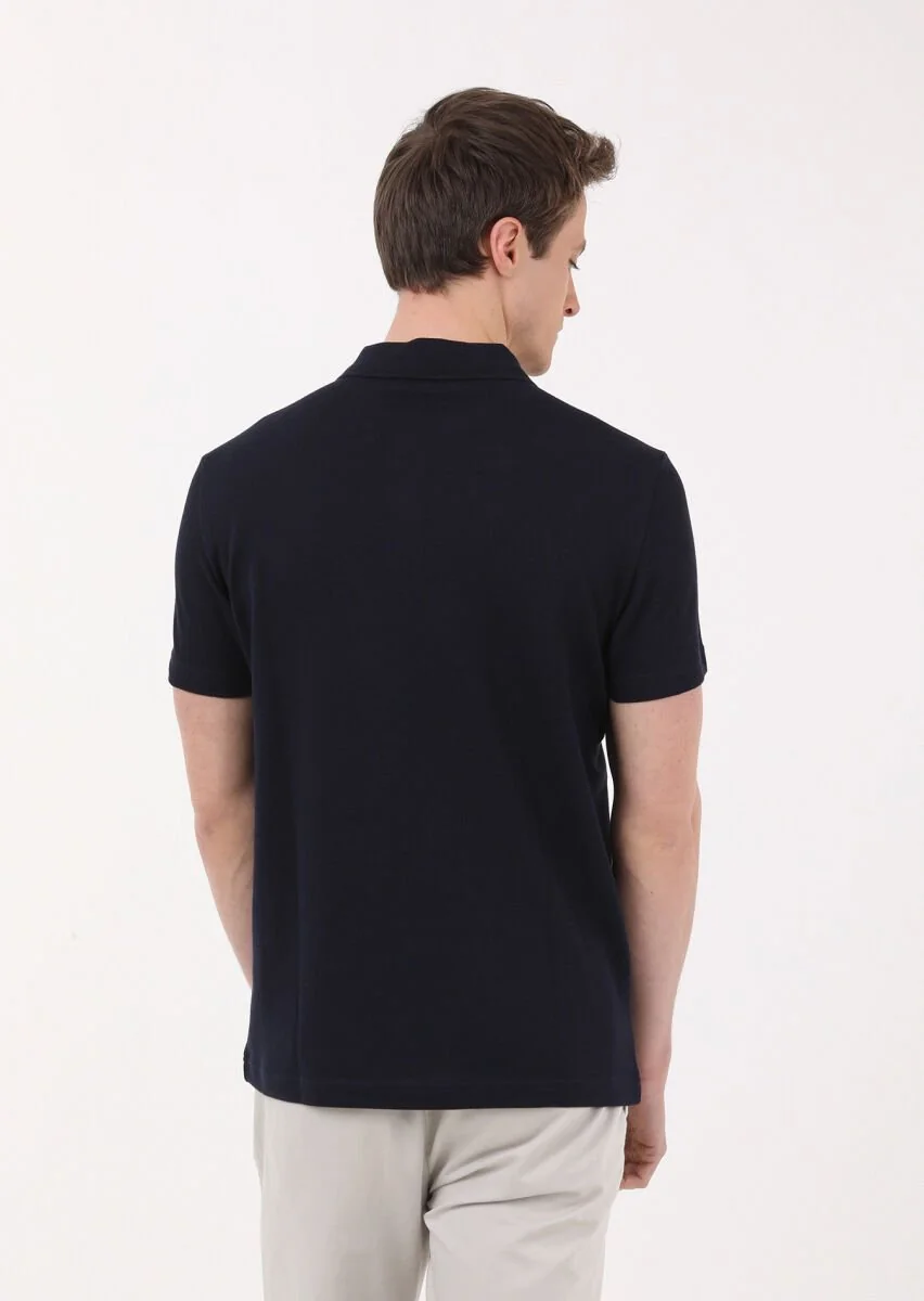 Navy Blue Jacquard Polo Neck 100% Cotton T-Shirt - 4