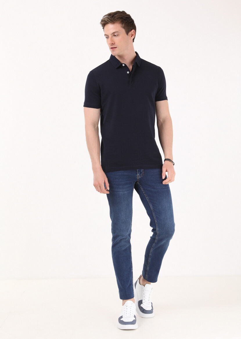 Navy Blue Jacquard Polo Neck 100% Cotton T-Shirt - 1