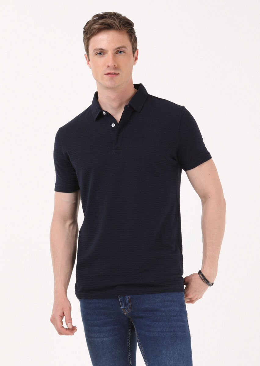 Navy Blue Jacquard Polo Neck 100% Cotton T-Shirt - 2
