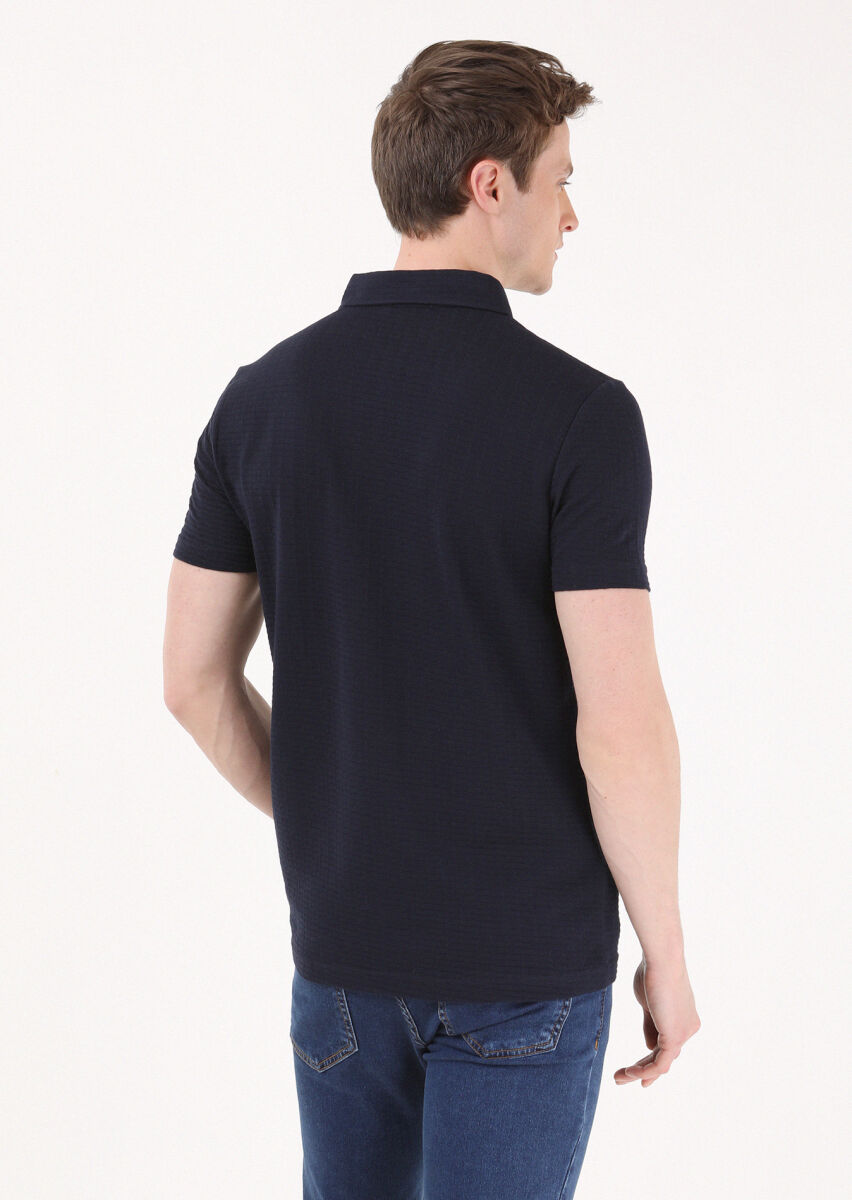 Navy Blue Jacquard Polo Neck 100% Cotton T-Shirt - 5